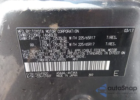 2017 Toyota Rav4 Le z USA, uszkodzony, nr VIN JTMBFREV7HJ148555